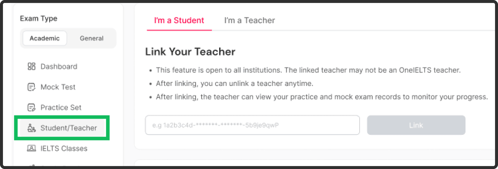 After getting your teacher's UUID, enter the 'Teacher/ Student'