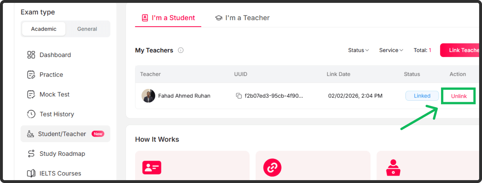 You can see all teachers whom you've linked with in the 'My Teachers' section