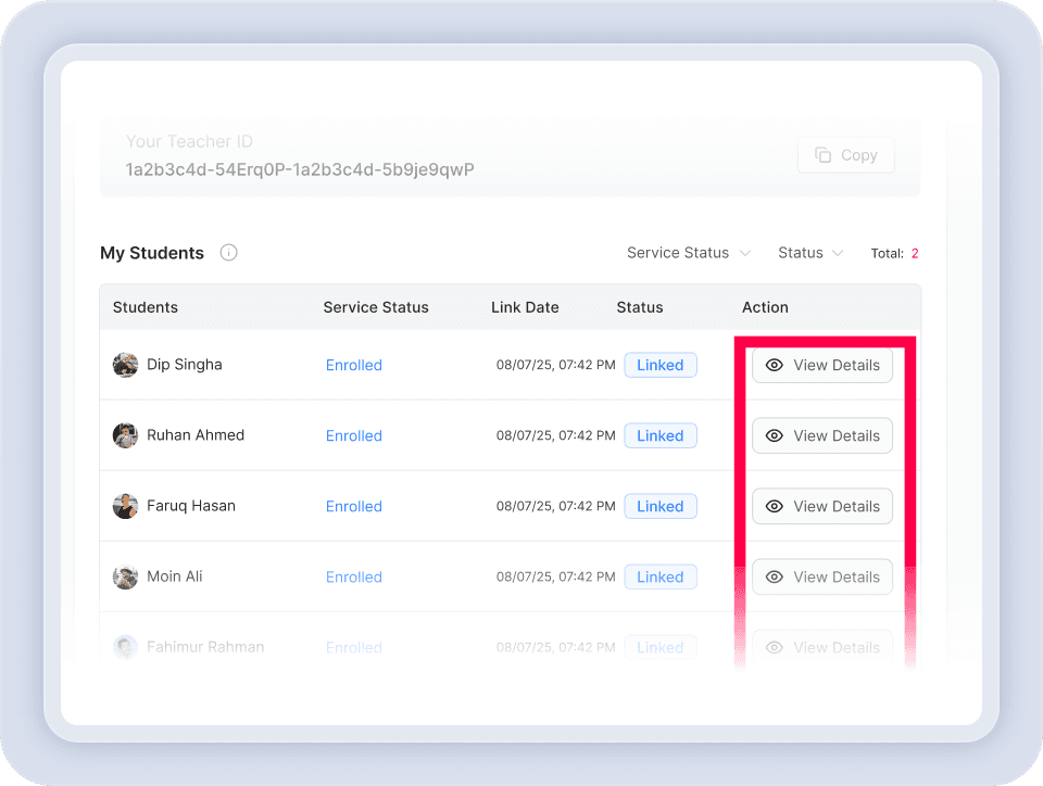 Step 2 student list view