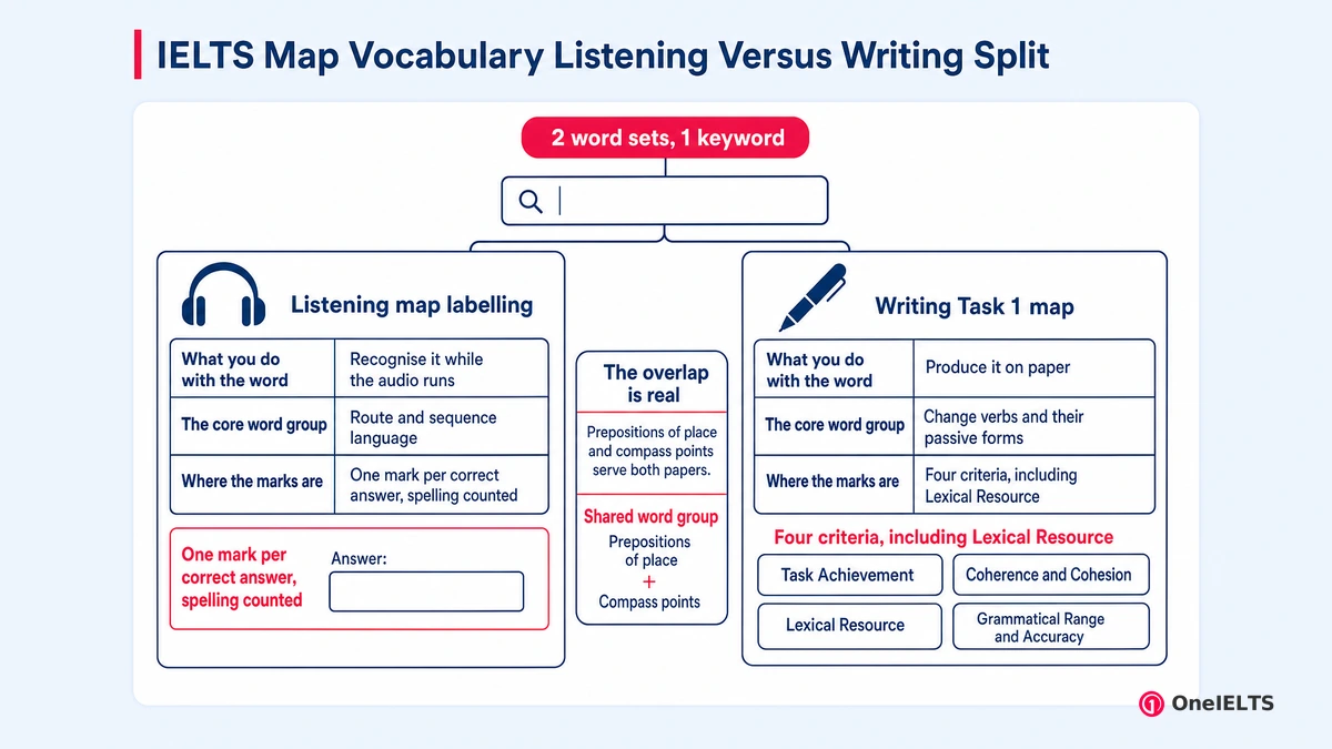 IELTS Map Vocabulary Listening Versus Writing Split